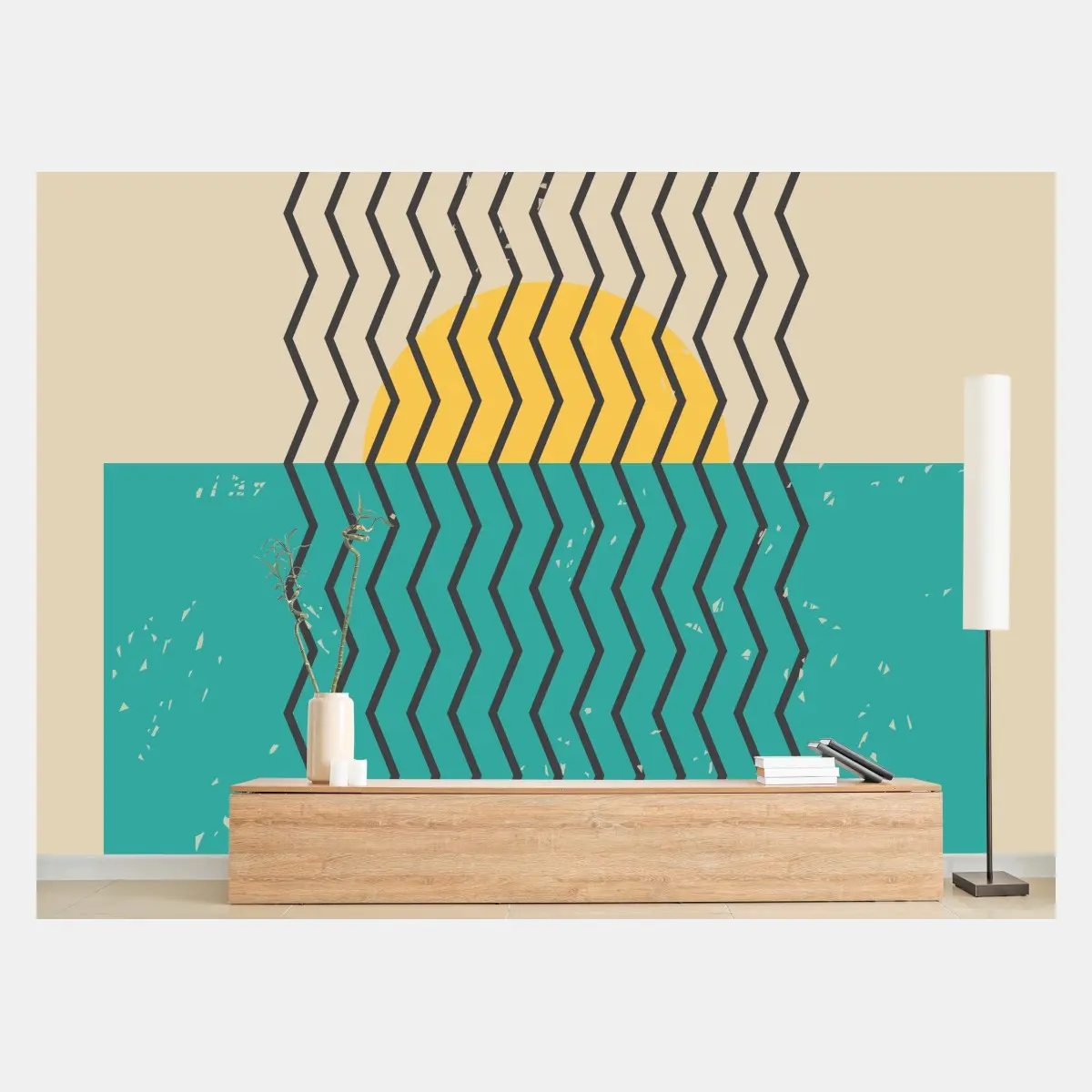 Wall mural geometric sunrise over a turquoise sea • Wallissimo®