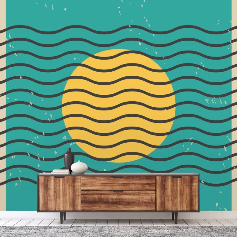 Wall mural turquoise sun with wavy lines