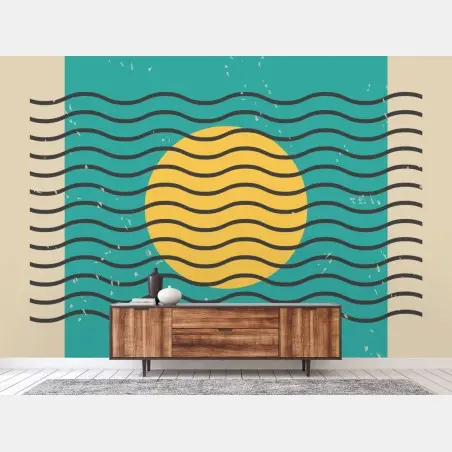 Wall mural turquoise sun with wavy lines • Wallissimo®
