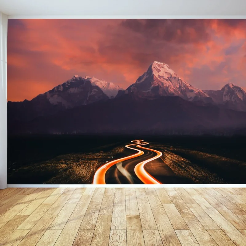 Wall mural glowing road to moonlit mountains