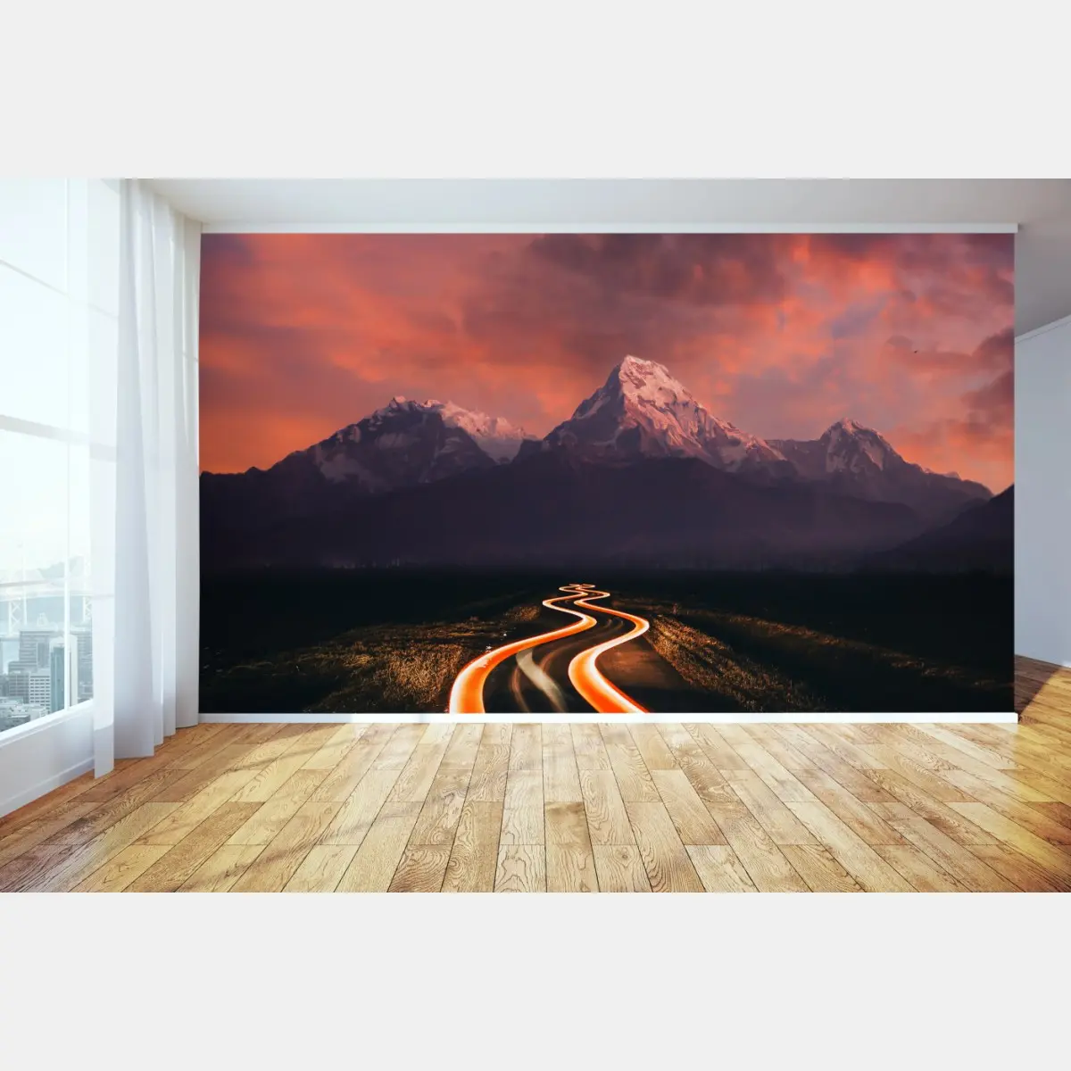 Wall mural glowing road to moonlit mountains • Wallissimo®