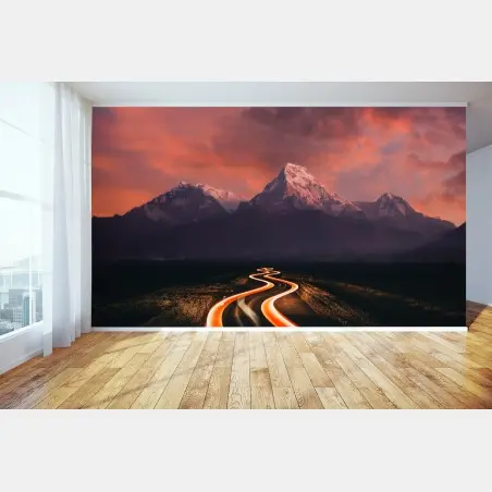 Wall mural glowing road to moonlit mountains • Wallissimo®