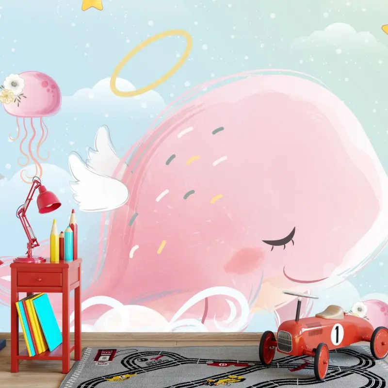 Wall mural sleepy pink whale in the clouds