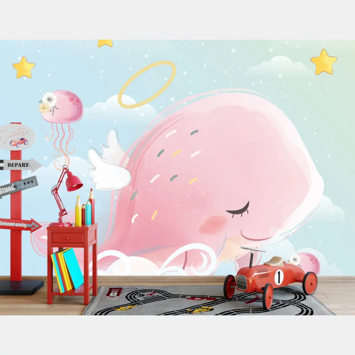Wall mural sleepy pink whale in the clouds • Wallissimo®