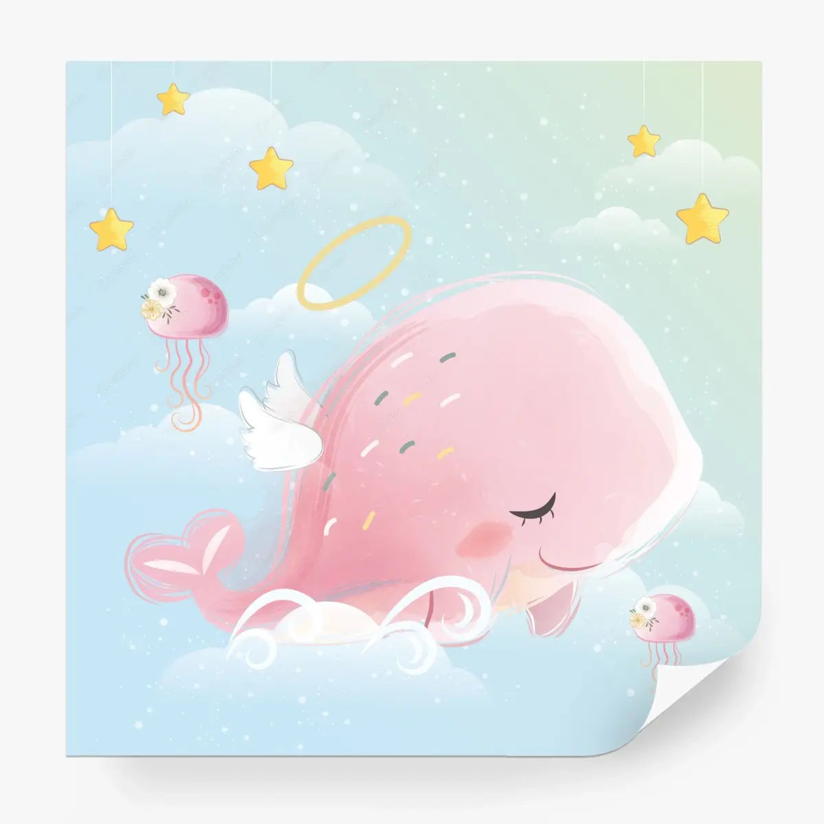 Wall mural sleepy pink whale in the clouds • Wallissimo®