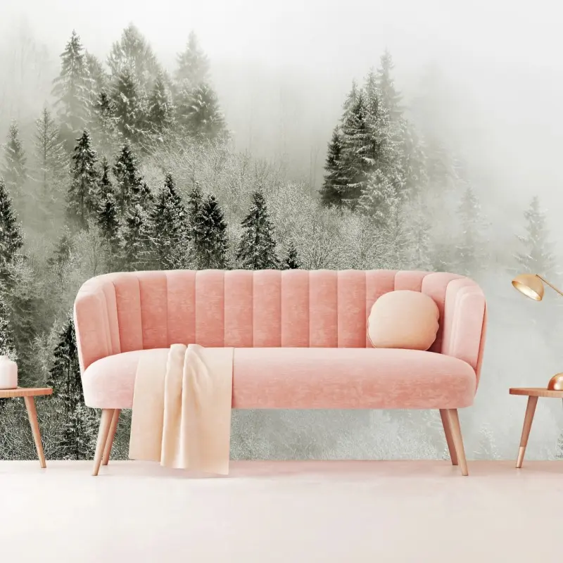 Wall mural misty winter forest in monochrome