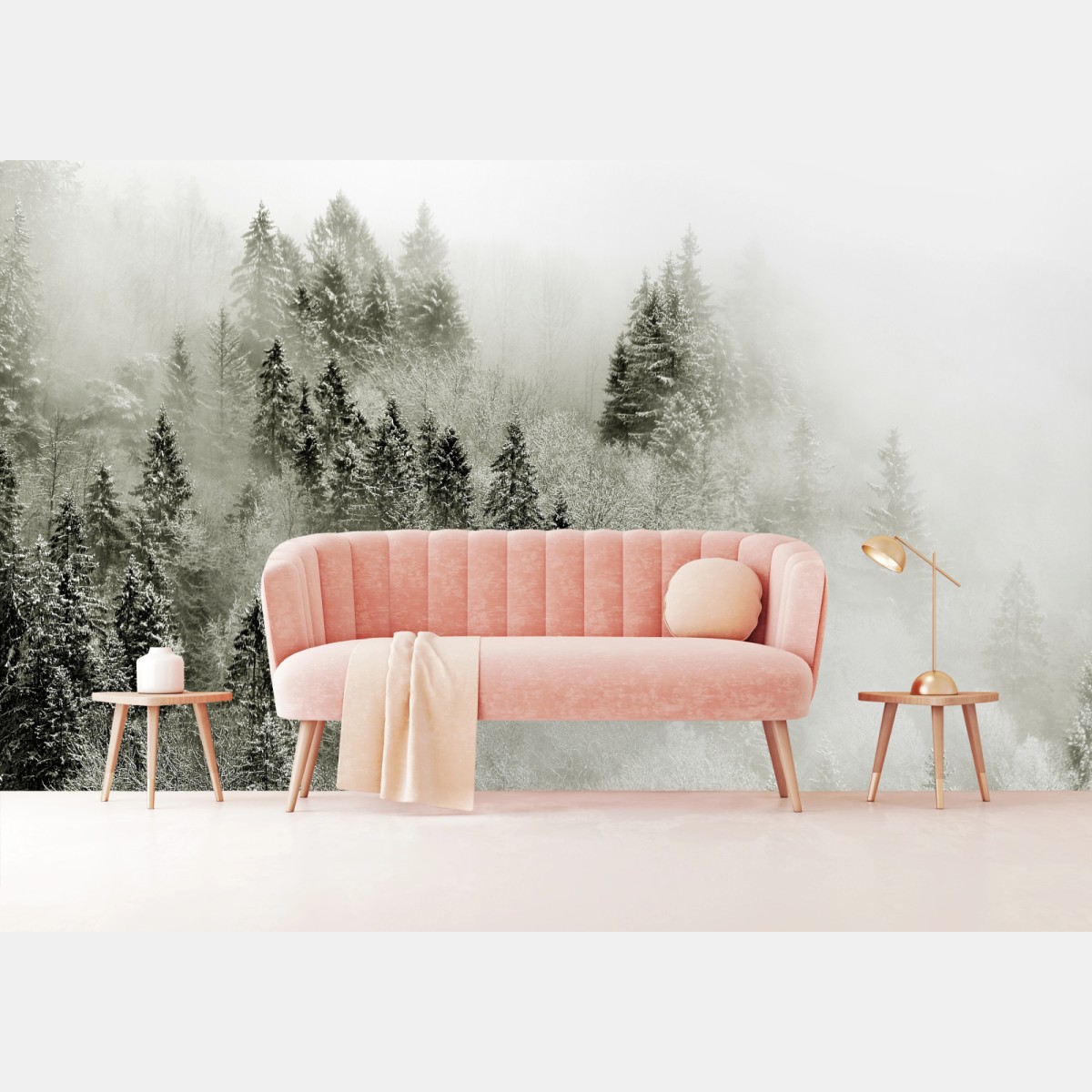 Wall mural misty winter forest in monochrome • Wallissimo®