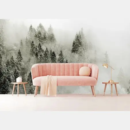Wall mural misty winter forest in monochrome • Wallissimo®