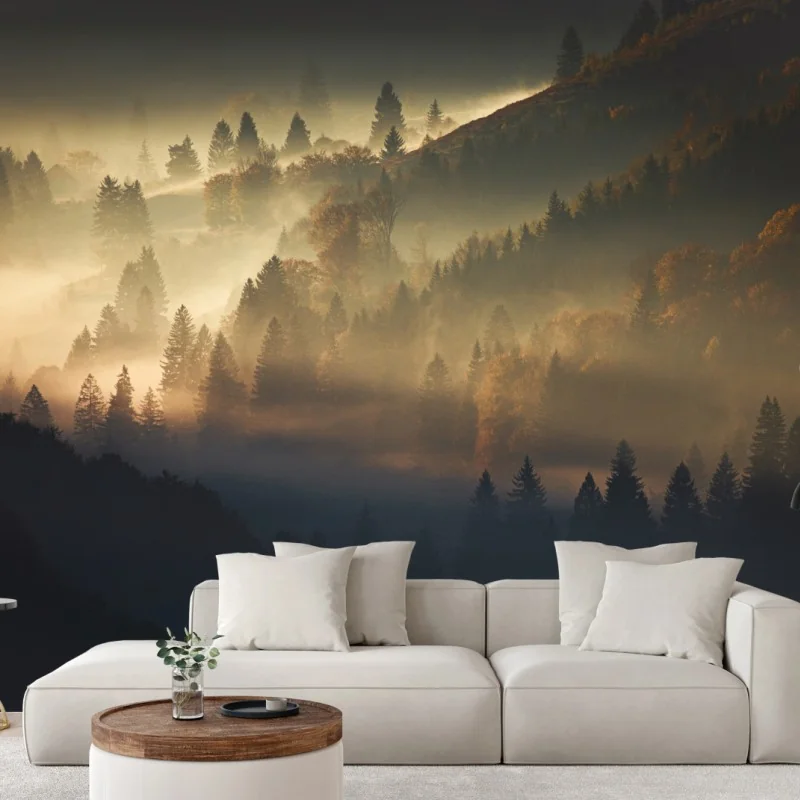 Wall mural golden mist over mountain forest