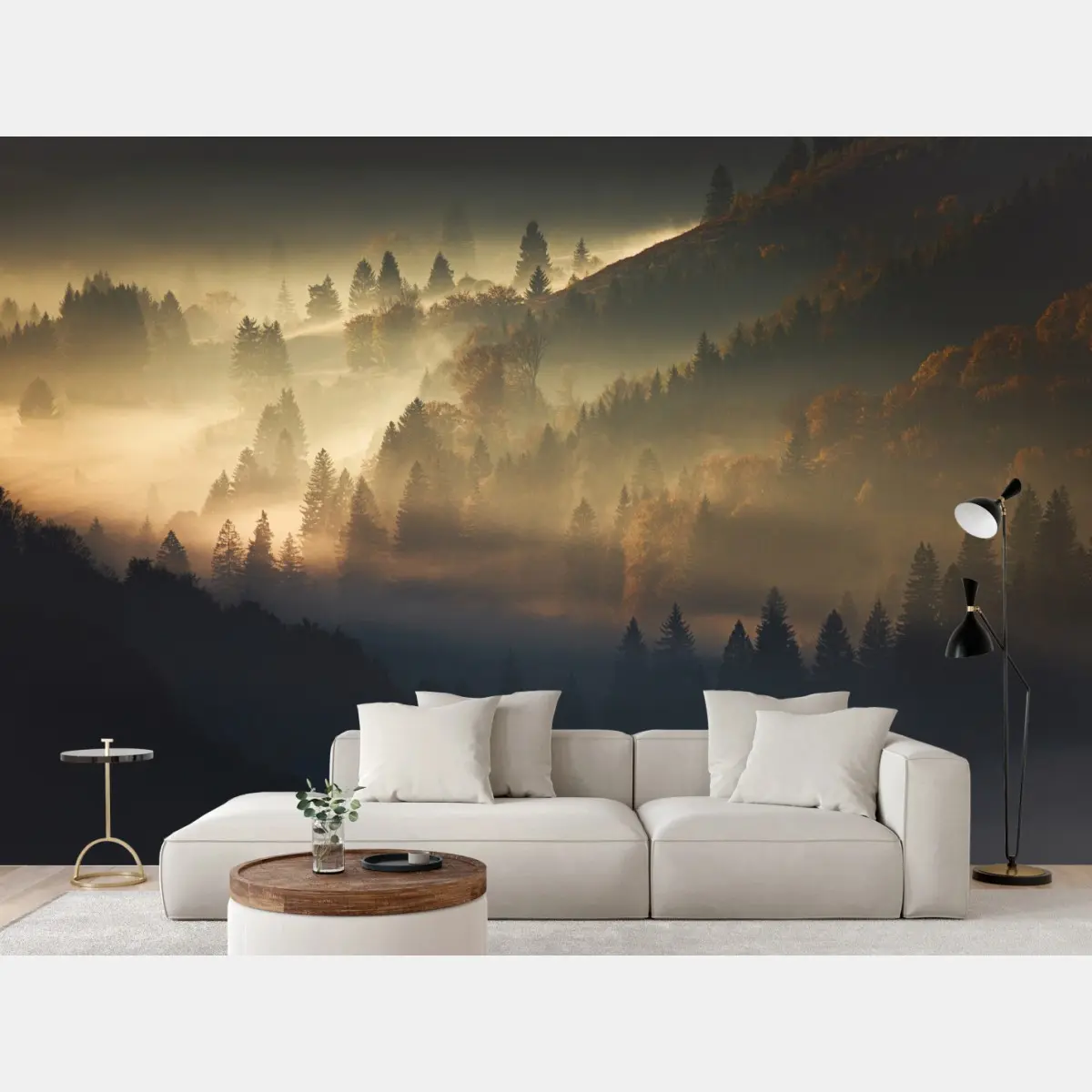 Wall mural golden mist over mountain forest • Wallissimo®