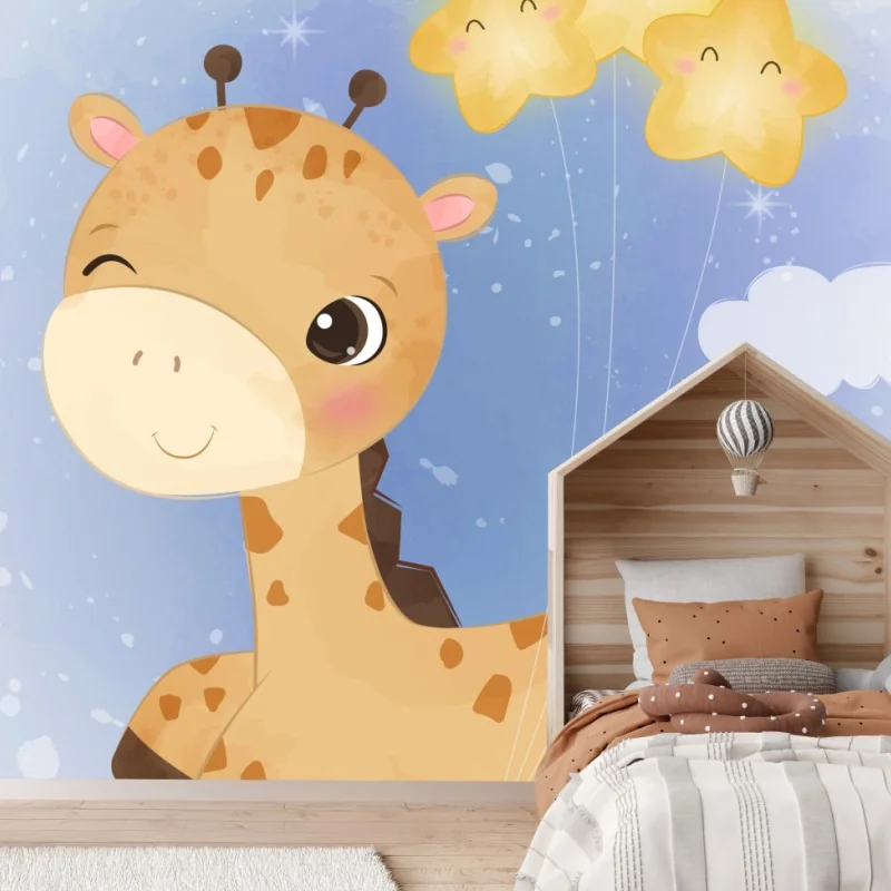 Wall mural smiling giraffe with star balloons