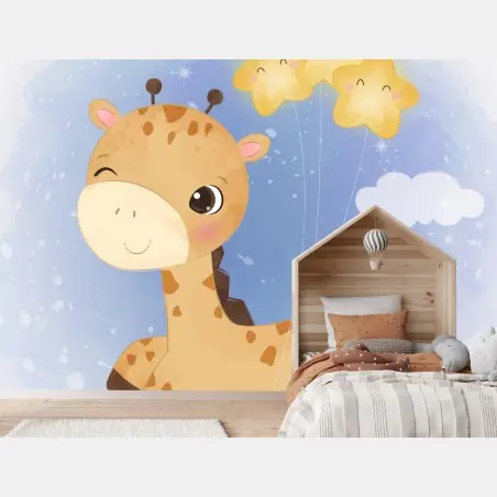 Wall mural smiling giraffe with star balloons • Wallissimo®