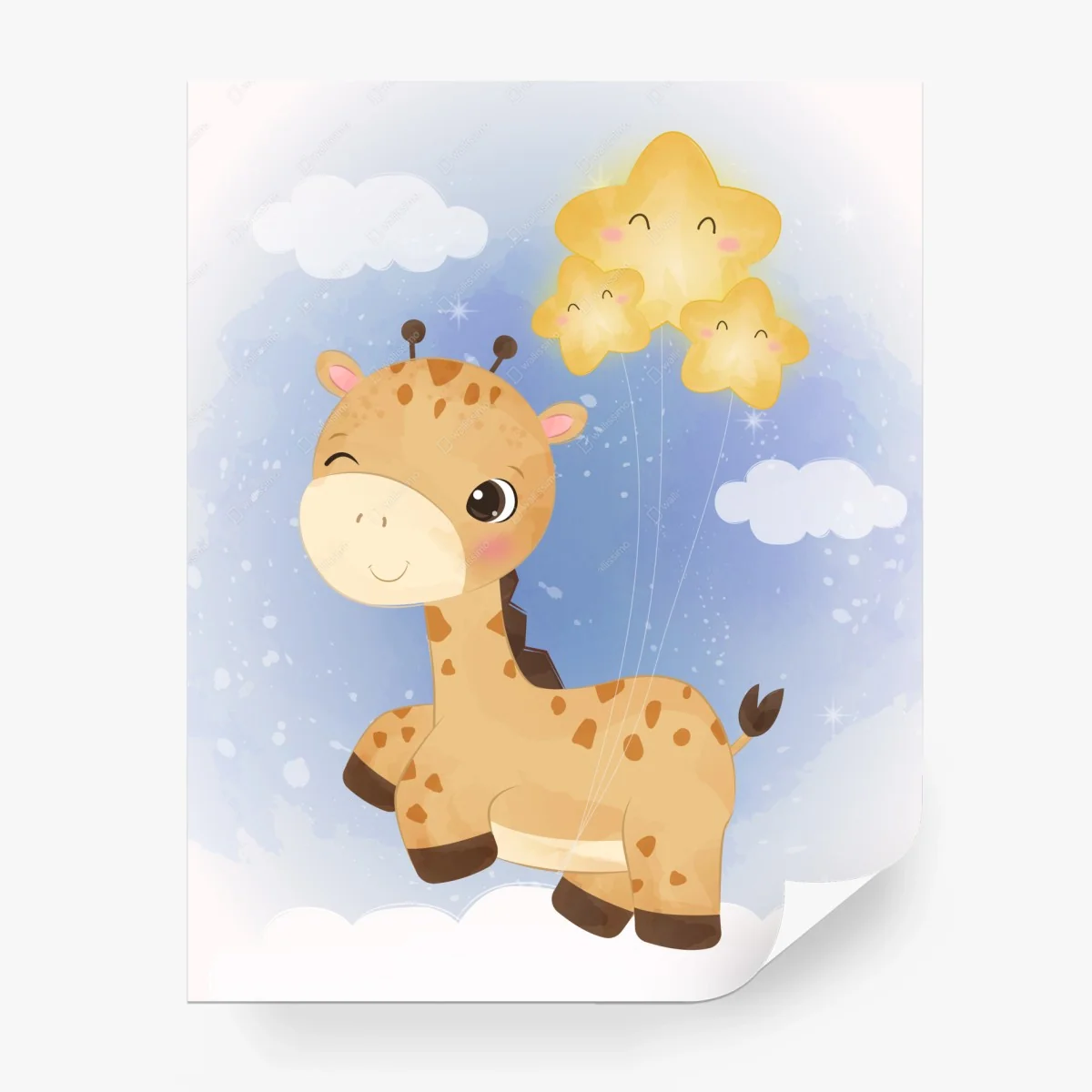 Wall mural smiling giraffe with star balloons • Wallissimo® Wall mural smiling giraffe with star balloons • Wallissimo®