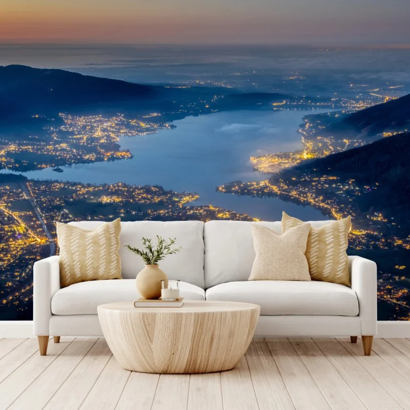 Wall mural twilight over a lakeside town