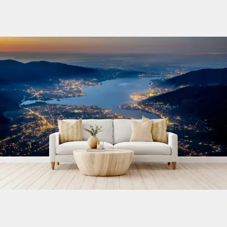 Wall mural twilight over a lakeside town • Wallissimo®