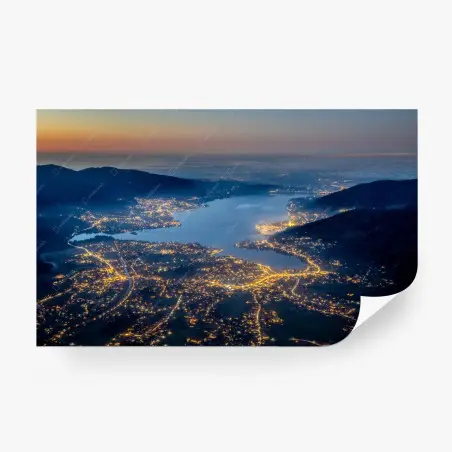Wall mural twilight over a lakeside town • Wallissimo®