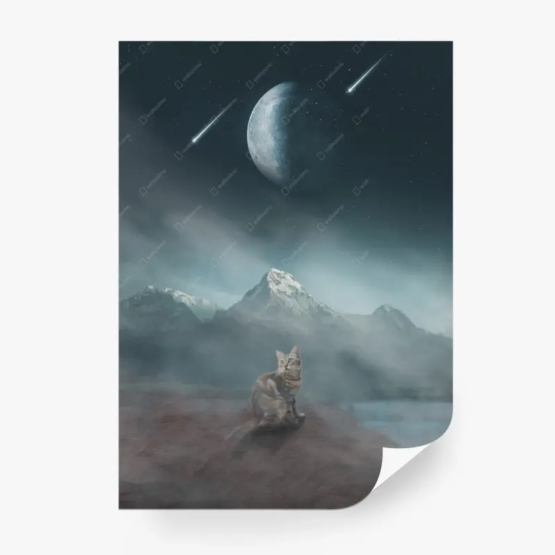Wall mural mystic moonlit cat over misty mountains