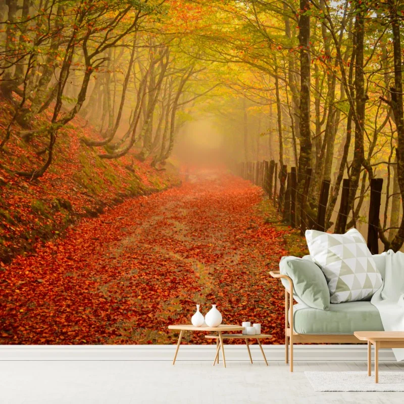 Wall mural autumn forest pathway under a golden canopy