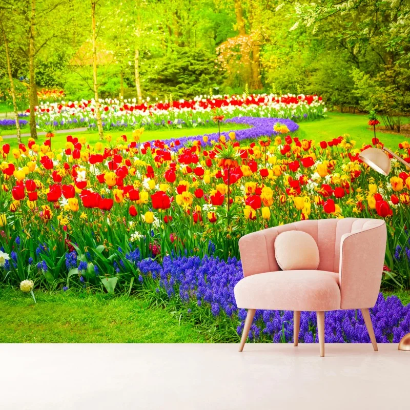 Wall mural vibrant spring tulip garden