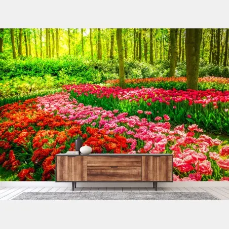 Wall mural vibrant tulip garden in bloom • Wallissimo®