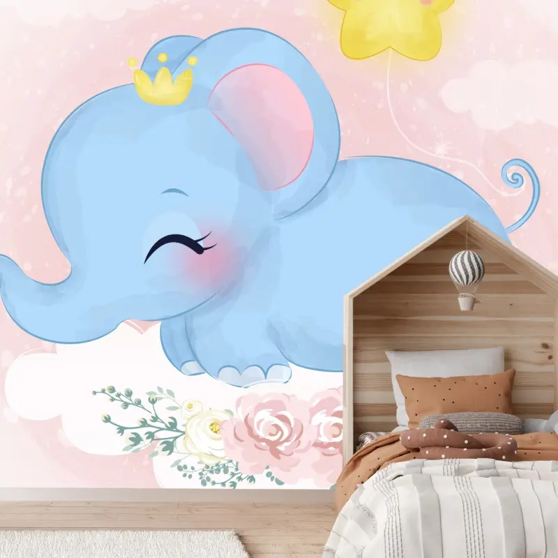 Wall mural sleepy blue elephant for nursery