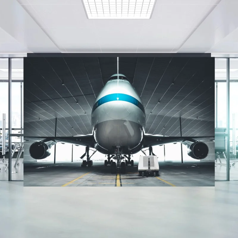 Wall mural front-facing jet in hangar