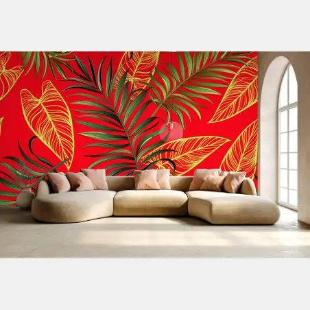 Wall mural tropical leaves pattern on red background • Wallissimo®