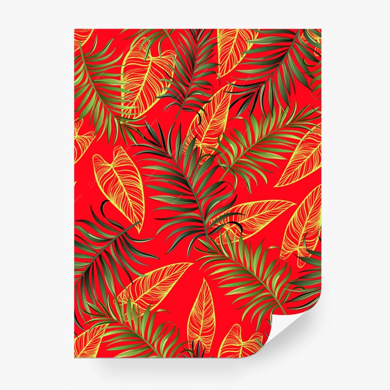 Wall mural tropical leaves pattern on red background