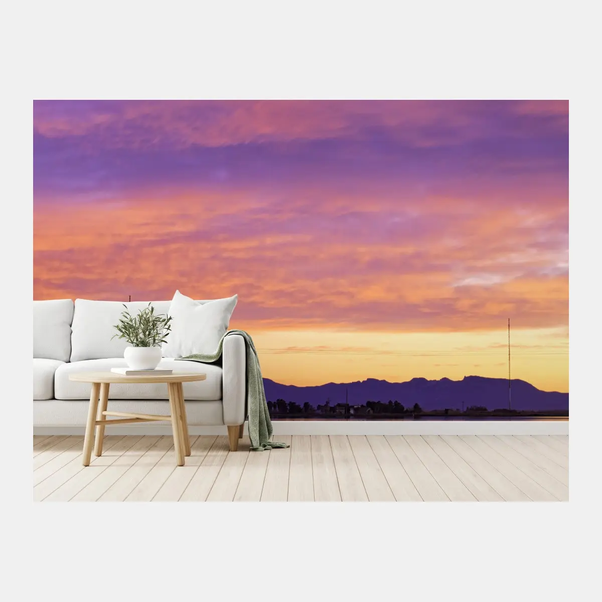 Wall mural serene purple sunset over a calm lake • Wallissimo®