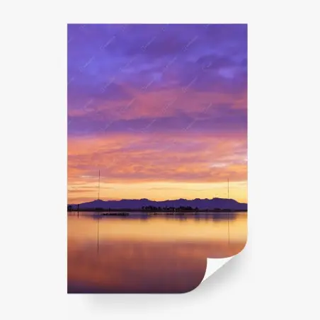 Wall mural serene purple sunset over a calm lake • Wallissimo®
