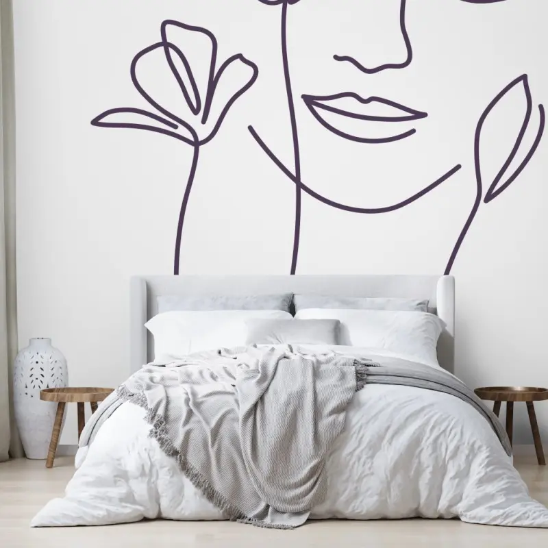 Wall mural delicate line art face with flowers