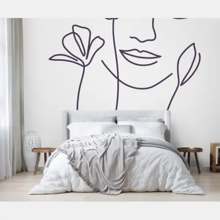 Wall mural delicate line art face with flowers • Wallissimo®