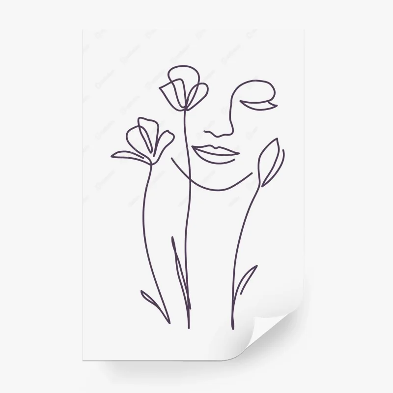 Wall mural delicate line art face with flowers