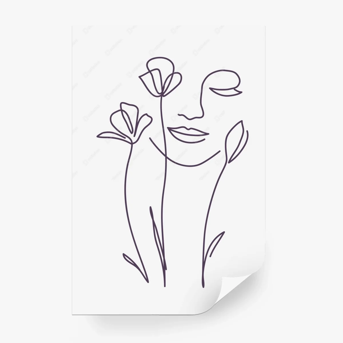 Wall mural delicate line art face with flowers • Wallissimo® Wall mural delicate line art face with flowers • Wallissimo®