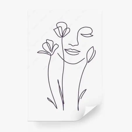 Wall mural delicate line art face with flowers • Wallissimo®