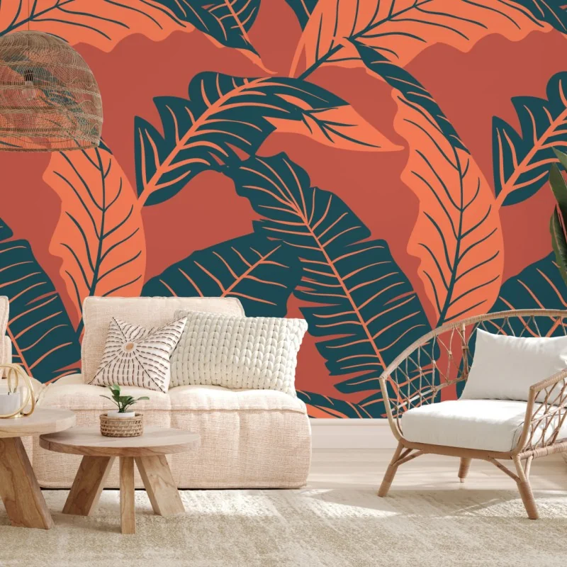Wall mural tropical leaf pattern in warm tones
