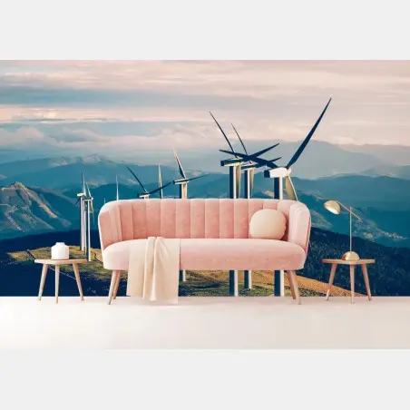Wall mural wind turbines on a mountain ridge • Wallissimo®