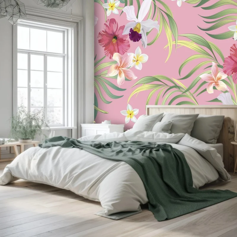Wall mural pastel tropical floral pattern