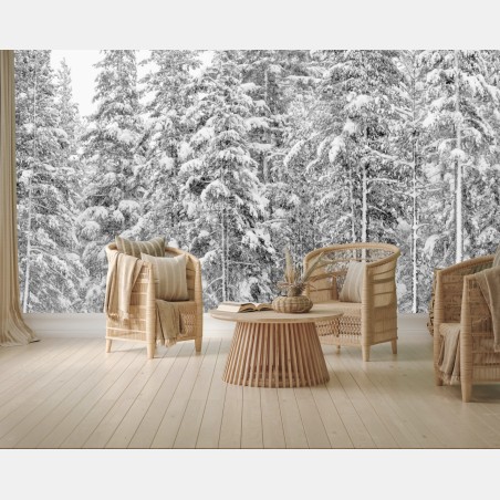 Wall mural snowy pine forest in winter • Wallissimo®