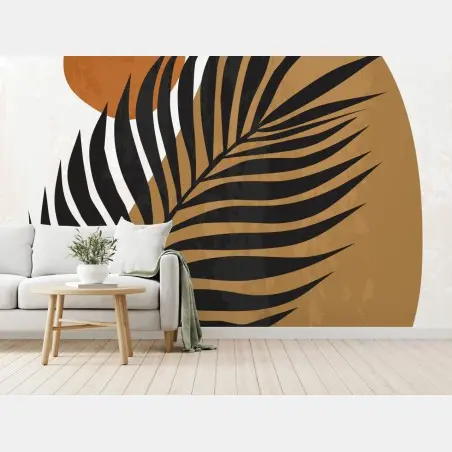 Wall mural earthy palm silhouette on abstract shapes • Wallissimo®
