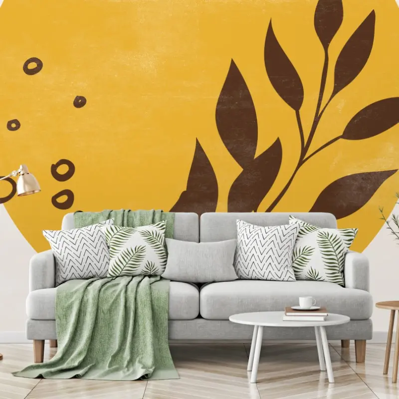 Wall mural botanical sun and leaf minimalist print