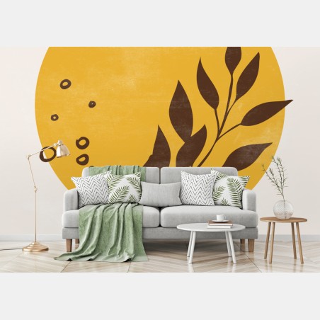 Wall mural botanical sun and leaf minimalist print • Wallissimo®