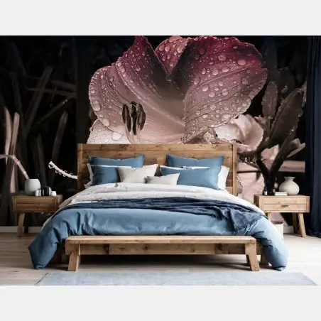 Wall mural dew-kissed pink lily close-up • Wallissimo®