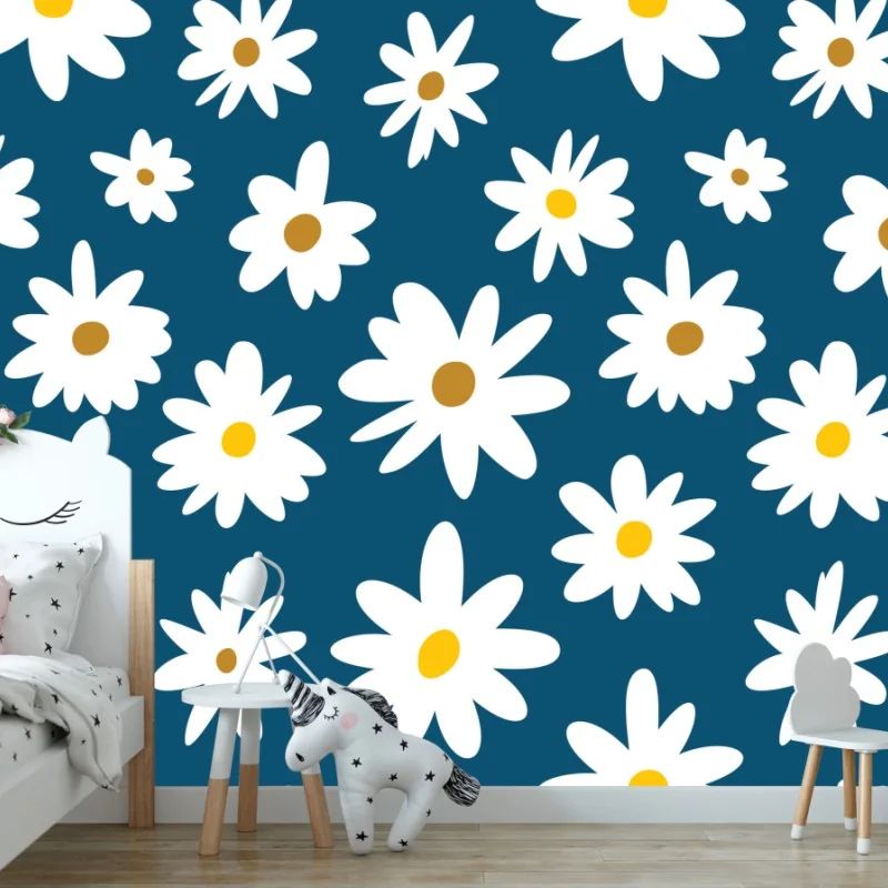 Wall mural playful daisy pattern on teal background • Wallissimo® Wall mural playful daisy pattern on teal background • Wallissimo®