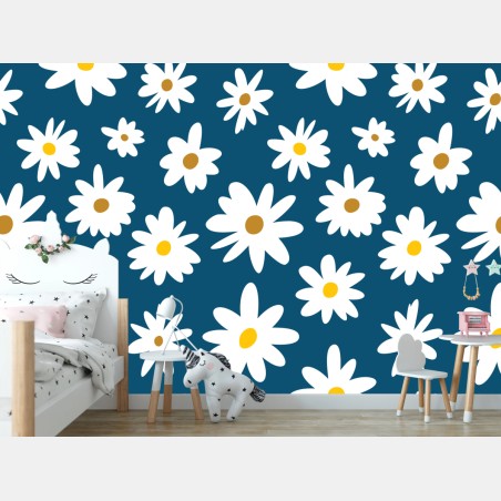 Wall mural playful daisy pattern on teal background • Wallissimo®