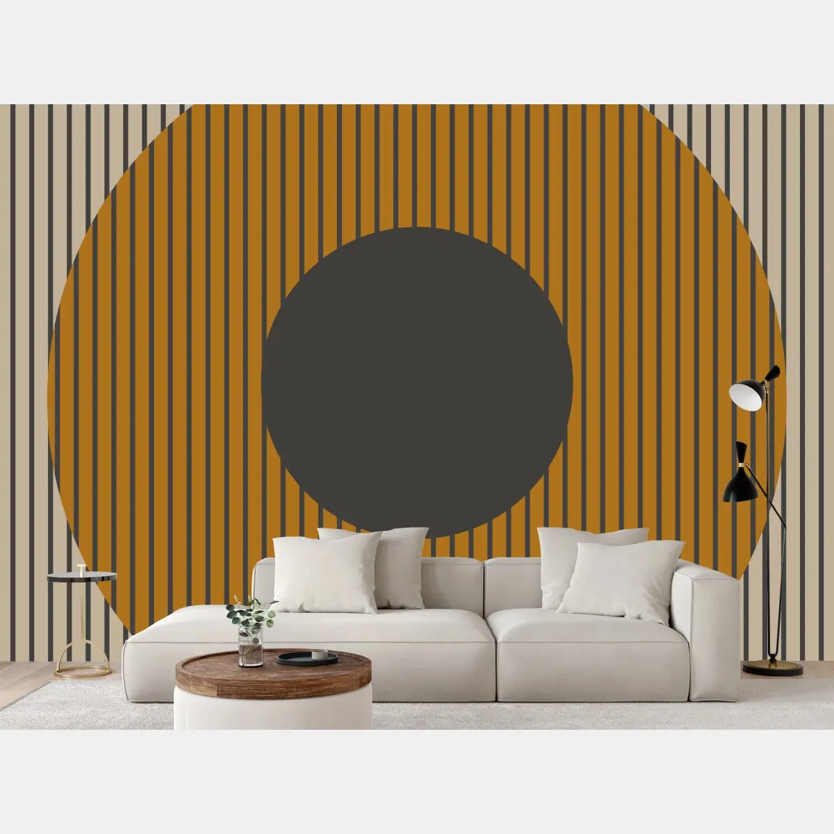 Wall mural golden geometric rings on striped background • Wallissimo®
