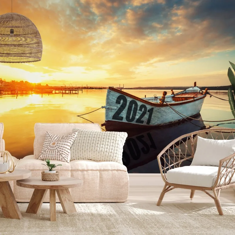 Wall mural sunset boat reflection on Varna lake