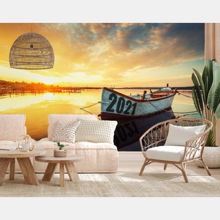 Wall mural sunset boat reflection on Varna lake • Wallissimo®