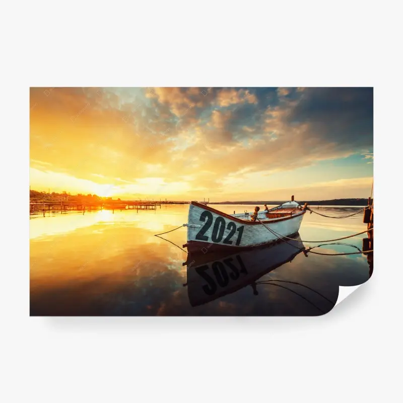 Wall mural sunset boat reflection on Varna lake