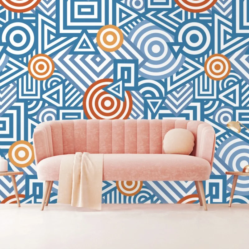Wall mural blue geometric pattern with orange accents